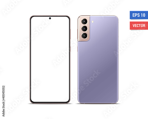 Realistic vector flat mock-up Samsung Galaxy S21 Plus with blank screen isolated on white background. Scale image any resolution