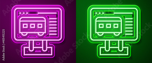 Glowing neon line Ticket office to buy tickets for train or plane icon isolated on purple and green background. Buying tickets. Ticket service. Vector.