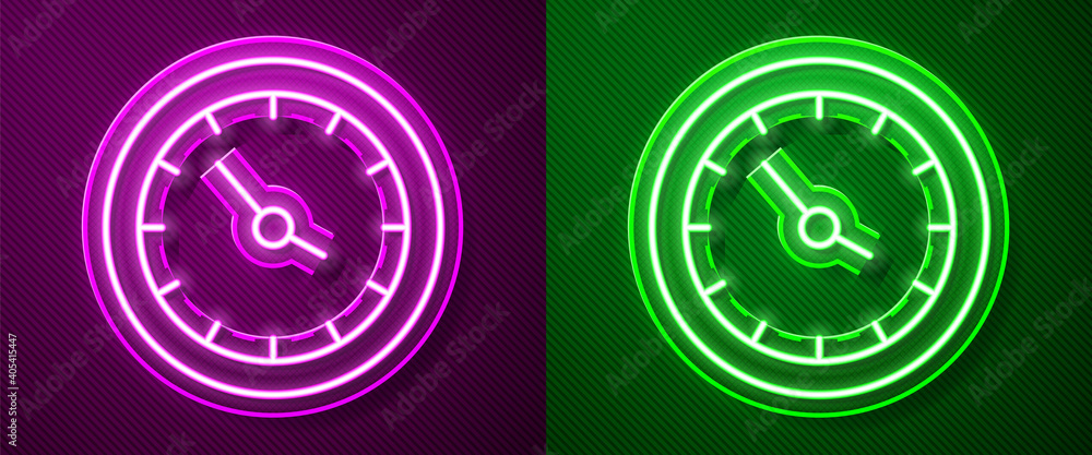 Glowing neon line Train station clock icon isolated on purple and green background. Vector. Glowing neon line Train station clock icon isolated on purple and green background. Vector.