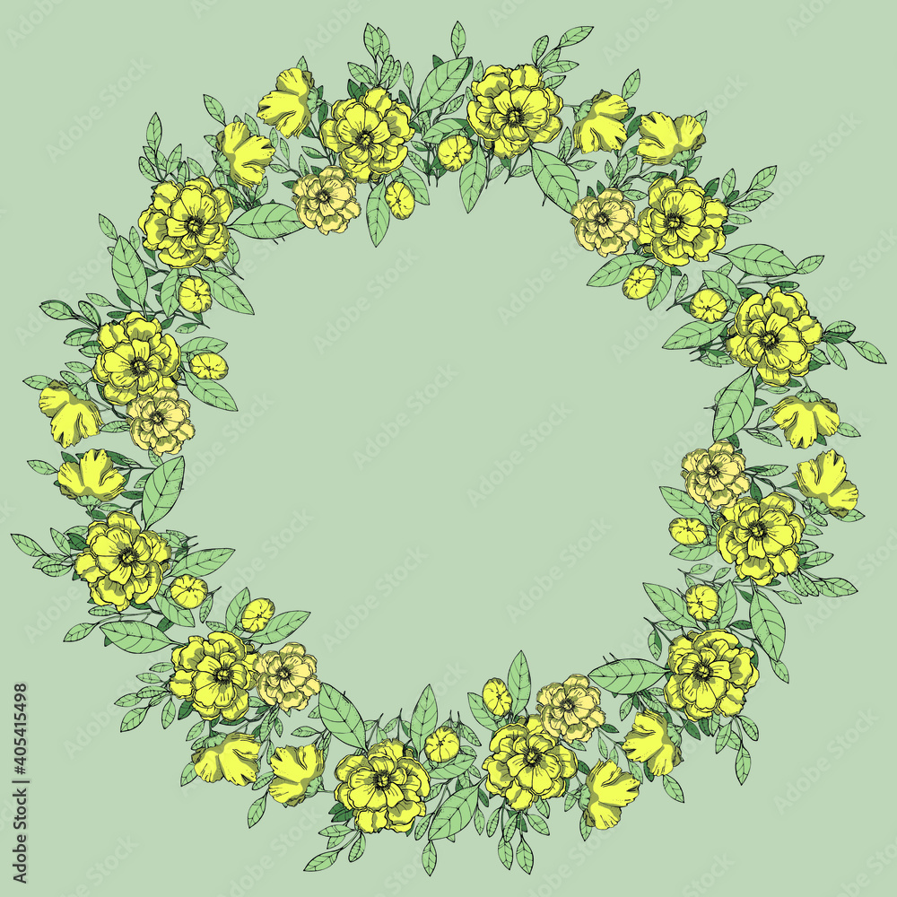 VECTOR ILLUSTRATION FLORAL WREATH,YELLOW AND PINK FLOWERS,UNOPENED BUDS AND BLUE AND GREEN LEAVES ON A GRAY-BLUE BACKGROUND