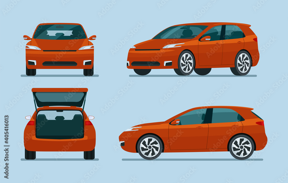 Hatchback car four angle set. Car side, back and front view. Vector flat illustration. Hatchback car four angle set. Car side, back and front view. Vector flat illustration.