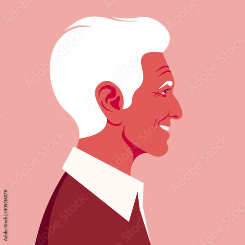 Profile of an elderly Latin American man. The face of the happy grandfather is at the side. Avatar. Vector flat Illustration