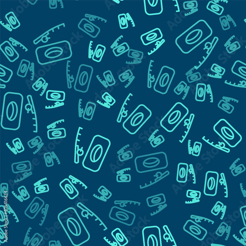 Green line Winter fishing icon isolated seamless pattern on blue background. Vector.