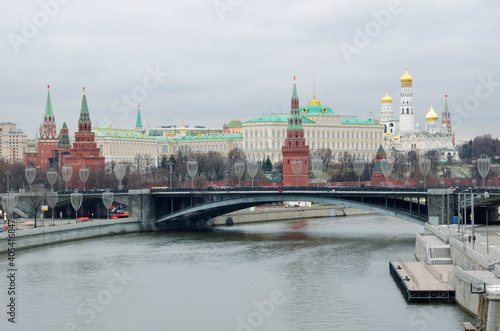View of the Moscow Kremlin and the Big Stone Bridge on a winter evening. Moscow, Russia