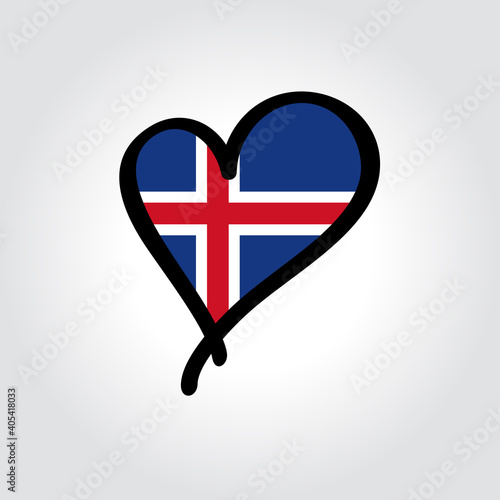 Icelandic flag heart-shaped hand drawn logo. Vector illustration.