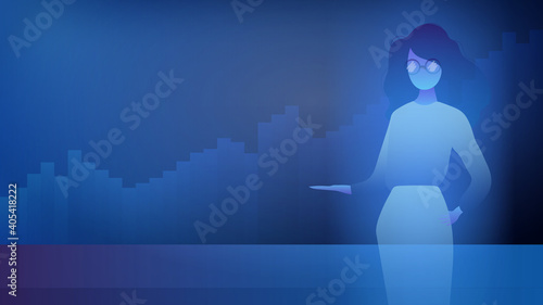 A hologram of a girl with glasses. Futuristic silhouette of a girl in neon light. Banner with space for text. Financial charts. Vector.