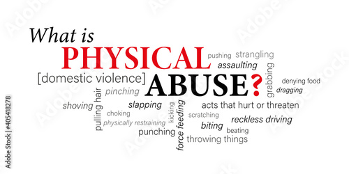 WHAT IS PHYSICAL ABUSE? [DOMESTIC VIOLENCE] red and black vector word cloud