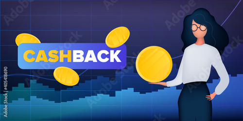 Cashback banner. The girl is holding a gold coin. Neon colors. Vector.