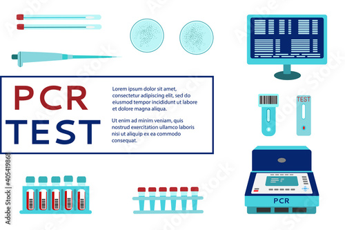 The concept of the PCR method. Vector illustration laboratory equipment: PCR amplification and express test, smear, computer, automatic pipette, test tubes, Petri dish. Flat style