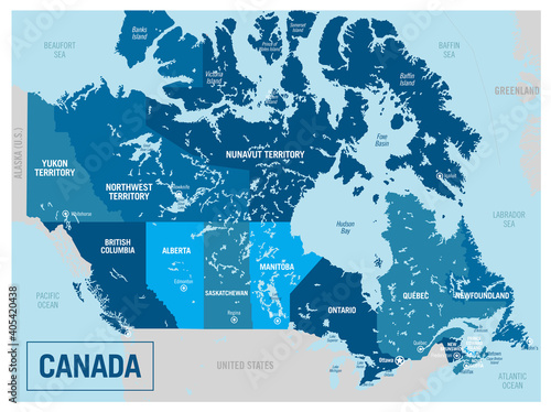 Canada country political map. Detailed vector illustration with isolated states, regions, islands and cities easy to ungroup. 