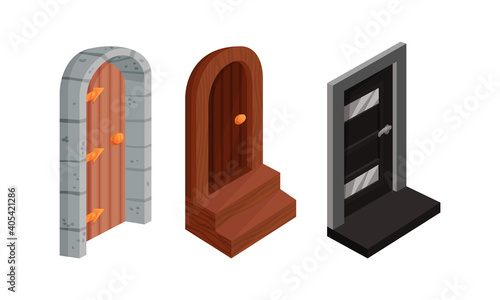 Isometric Doors with Threshold as Building and House Entrance Vector Set
