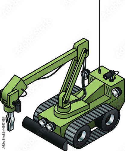 A remotely operated bomb disposal robot with an articulated arm, cameras and lights.