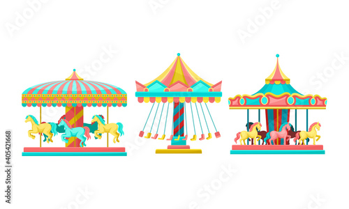 Merry-go-round with Horses as Amusement or Entertainment Park Attractions Vector Set