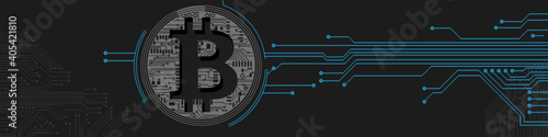Bitcoin theme design. Bitcoin digital cryptocurrency in circuit board style. Vector Illustration