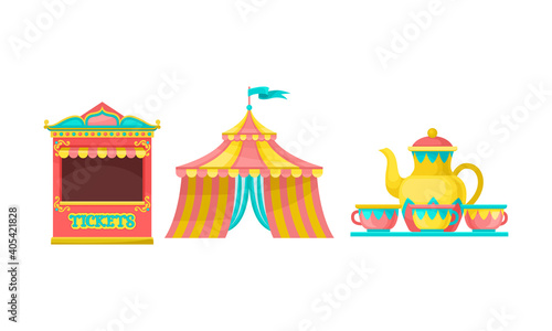 Circus Tent, Ticket Stand and Merry-go-round with Cups as Amusement or Entertainment Park Attractions Vector Set