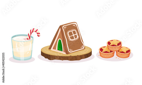 Gingerbread House and Cookie as Traditional Christmas Dessert Vector Set