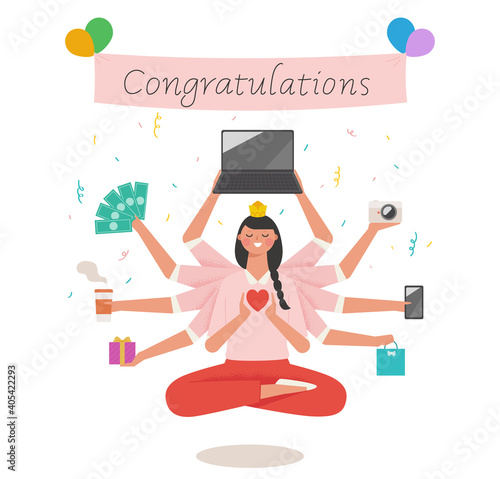 Giveaway event concept. A woman with many hands, like the Bodhisattva in India, is holding a gift in her hand and is cross-legged