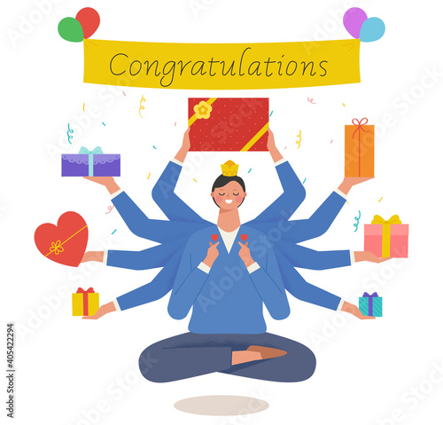 Giveaway event concept. A man with many hands, like the Bodhisattva in India, is holding a gift in his hand and is cross-legged