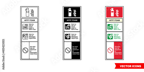 Afff foam fire extinguisher id sign icon of 3 types color, black and white, outline. Isolated vector sign symbol.