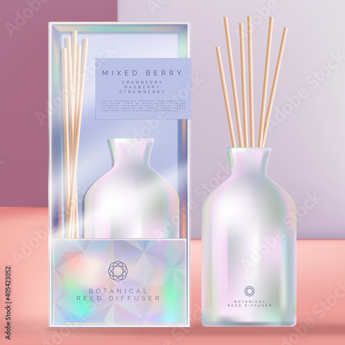 Vector Holographic or Iridescent Ceramic Reed Diffuser with Holographic Packaging Box and Acetate Sleeve. Geometric Crystal Theme.
