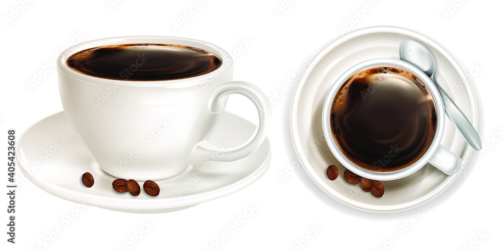 Expresso in a white cup top and side view. Coffee in a white cup with a saucer and coffee beans. Vector illustration Expresso in a white cup top and side view. Coffee in a white cup with a saucer and coffee beans. Vector illustration