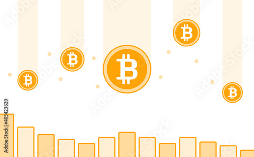 落ちる仮想通貨ビットコインのロゴ入りコインと棒グラフ - オレンジ色に主線あり白バックBTC・下落・イメージ素材