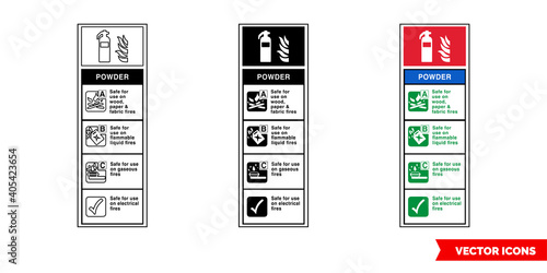 Powder fire extinguisher id sign icon of 3 types color, black and white, outline. Isolated vector sign symbol.