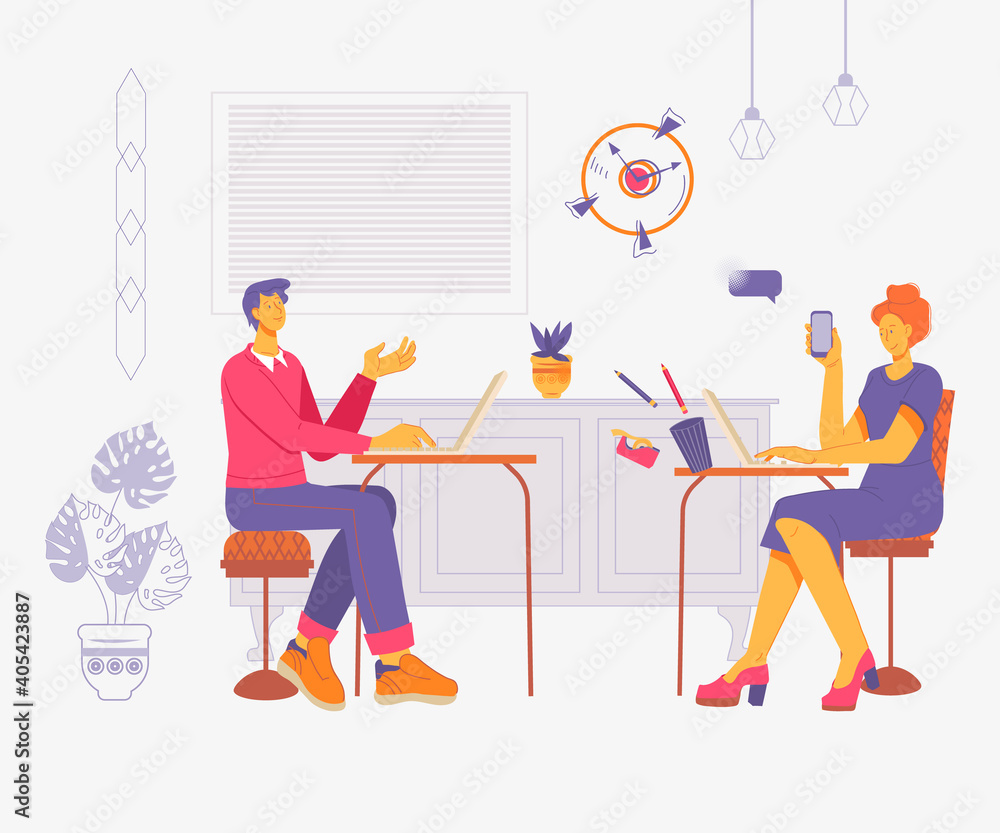 Colleagues in the workplace communicating and working at computers. Office people working in a shared work environment of open space office or coworking center, flat vector illustration.