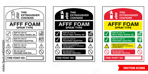 This extinguisher contains afff foam spray type fire extinguisher id sign icon of 3 types color, black and white, outline. Isolated vector sign symbol.