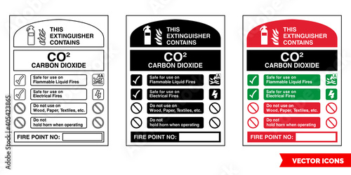 This extinguisher contains CO2 carbon dioxide fire extinguisher id sign icon of 3 types color, black and white, outline. Isolated vector sign symbol.