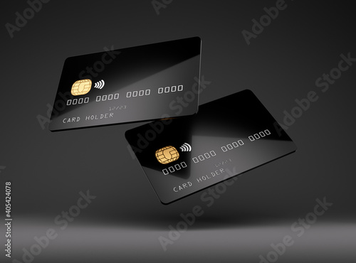 Black glossy credit card mock up, dark black background,3D Illustration photo
