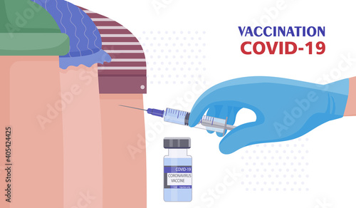 Coronavirus KOVID-19 vaccination. The doctor injects a dose of vaccine into the patient's arm. Antiviral shot. Safe and timely protection of the person against the virus