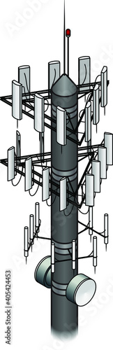 A mobile / cellular phone tower with three antennae arrays and 2 line of sight dishes.
