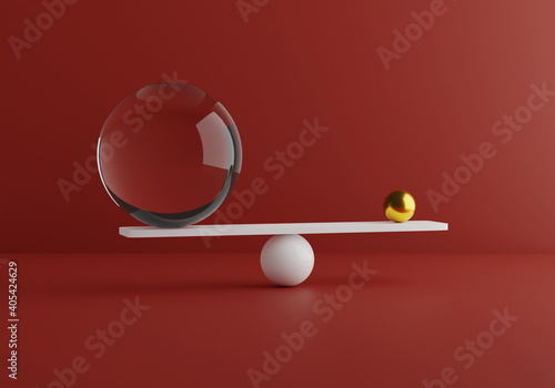 Balancing minimal shapes, gold and glass materials. Comparison of weight. Zen concept. 3d render