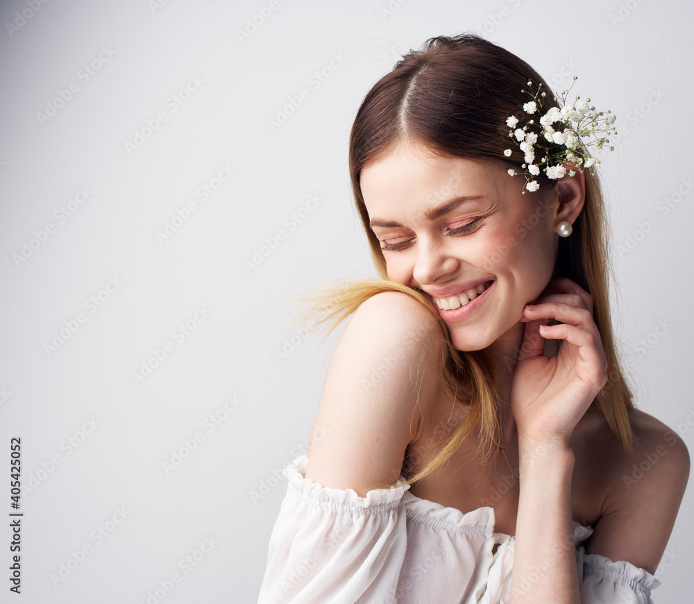 pretty emotional woman decoration flowers in hair luxury attractive look