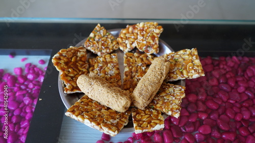 Traditional ready to eat Indian Sweet or Mithai made from groundnut,peanut and jaggery. Kids favorite nibble sweet. photo