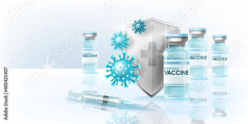 Coronavirus vaccine global pandemic web concept with medical vial, silver shield, syringe, COVID-19 molecules. World epidemic cure hospital health background. Coronavirus prevention vaccine 3D banner