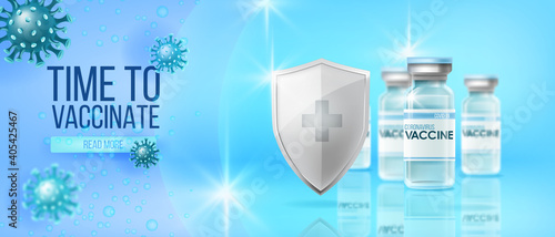 COVID-19 vaccine global pandemic medical background with vials, silver shield, coronavirus molecules. Corona disease web concept with bottles, reflections. COVID-19 vaccine cure vector landing page
