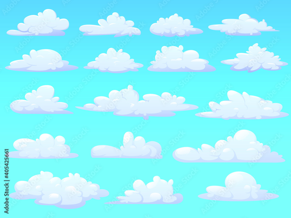 Set of fluffy cartoon clouds isolated on a blue background. Clouds soaring in the air in various forms perfect logo icons. Vector illustration Set of fluffy cartoon clouds isolated on a blue background. Clouds soaring in the air in various forms perfect logo icons. Vector illustration