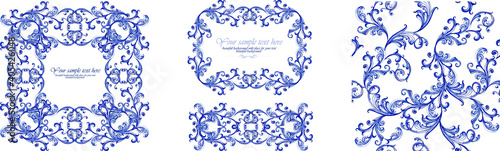 Blue floral watercolor gzhel frames and elements