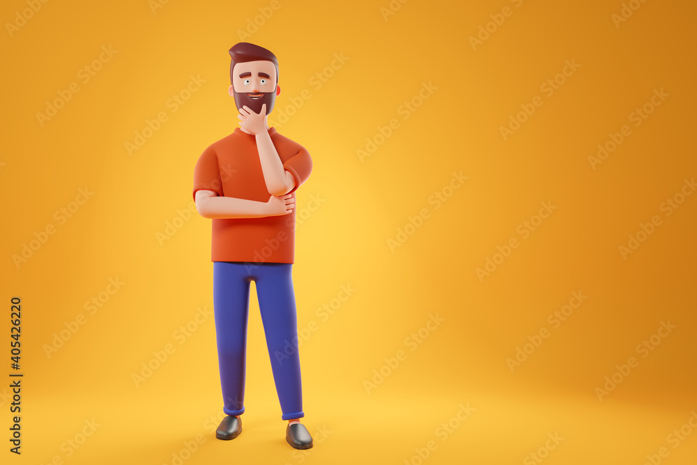 Portrait of cartoon thinking man in orange t-shirt posing over yellow background.