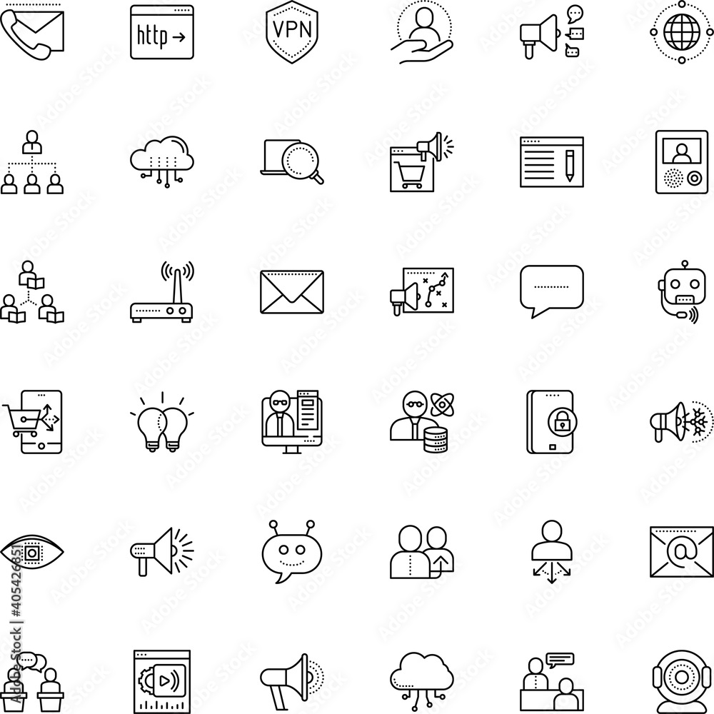 communication vector icon set such as: vision, look, success, ecommerce, asynchronous learning, experience, psychotherapy, interview, reading, innovation, referral, forum, encryption, money, plug