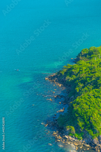 Aerial view of sea waves and fantastic rocky coast at Hon Thom island in Phu Quoc island, Kien Giang, Vietnam