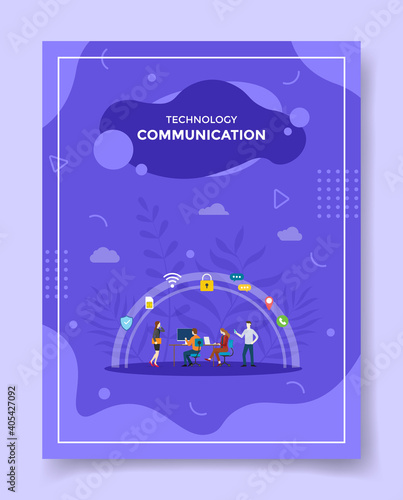 communication concept people working on computer around shield memory card network padlock chat pointer location call for template of banners, flyer, books cover, magazine with liquid shape flat style