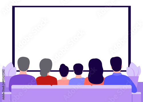 Big family sitting on sofa at home and watching TV news, back view. Seniors, parents and children sit in living room interior. Rest, spending time, watching movie on isolation and quarantine. Vector