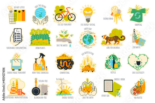 A set of stickers about environmental protection. Vector illustration.