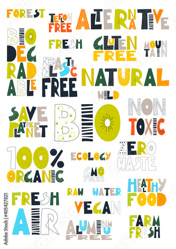 A set of environmental protection slogans. Hand-drawing by vector.