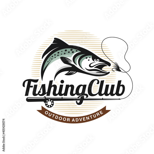 Illustration of a vintage fishing logo concepts. For emblems, labels, symbol, badge, icon, sticker on catching fish. Fish logo design vector template

