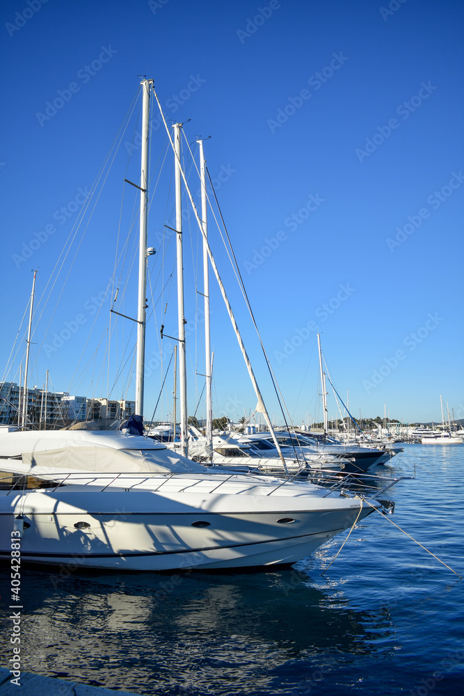 Ibiza Town, Ibiza / Spain - January 12, 2021: City of Ibiza, Spain. Old area of Dalt Vila, Santa María Cathedral and marina. It is a very touristic area.. Ibiza Town, Ibiza / Spain - January 12, 2021: City of Ibiza, Spain. Old area of Dalt Vila, Santa María Cathedral and marina. It is a very touristic area..