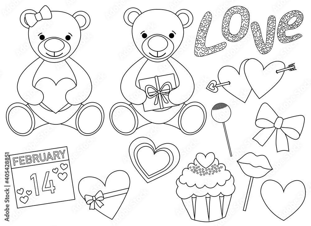 Set Valentine's day Bears heart balloons gifts candy black and white coloring vector illustration
Set Valentine's day Bears heart balloons gifts candy black and white coloring vector illustration
